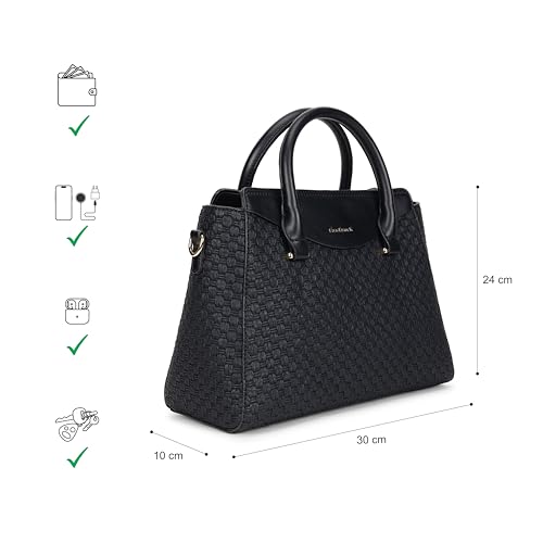 Fastrack Noir Gridelle Satchel Handbag for Women | Premium Faux Leather Weave Design | Black Structured Satchel with Zipper Closure | Dual Compartment with Organizer Pockets