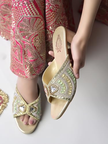 Shoetopia Women’s luxury Embellished Golden Block Heel Sandals |Slip-On Party & Wedding Heels with Beaded Strap footwear EU36