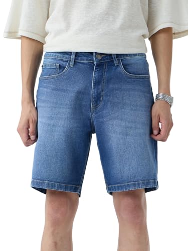The Souled Store Denim Shorts: Midnight Blue Men and Boys Buttoned Solid Knee Length Cotton Blend Denim Shorts