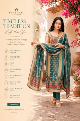 Women's Teal Green Printed Silk Blend Kurta Set With Dupatta And Pant