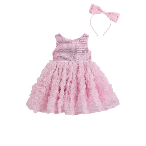 Hopscotch Girls Pink Sleeveless Sequinned Floral Party Dress with Headband for Age (12-24 Months)