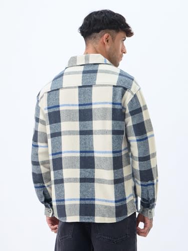 The Souled Store Plaid: Cream, Blue, Grey Men and Boys Full Sleeves Spread Collar Cotton Twill Warm Durable Heavy Winter Oversized Shackets