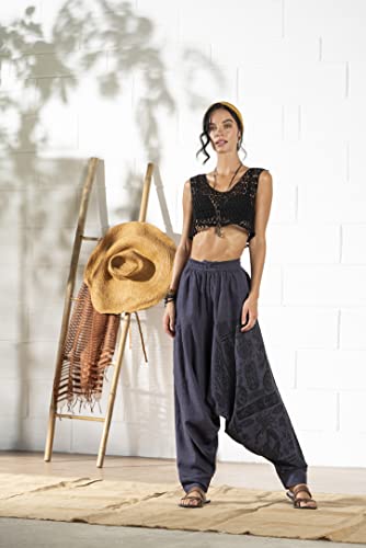 The Veshti Company Cotton Hippie Harem Pants For Women's Baggy Yoga Regular Jogger Oversized Boho Aladdin Pant, Blue - Tribal Stone, L