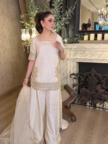 Women's Off White Chinon Embroidered Kurti Set With Palazzo And Dupatta