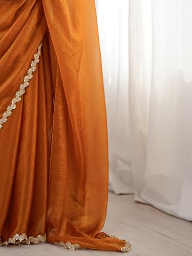 AKHILAM Women's Orange Chiffon Embellished Saree With Unstitched Blouse Piece (FNPATTI1004_AB)