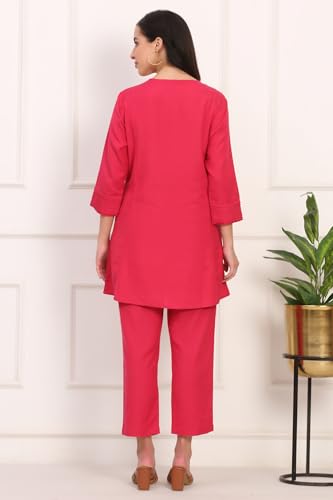 W for Woman Solid Embroidered Rayon Flax A-line Red Tunic and Straight Pants Co-ord Set (Size: XS)-WSST31085-603668
