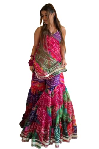 VARNI FABRICS: A lady's First Love Women's Multicolor Georgette Bandhni Printed Kurti Set With Sharara And Dupatta