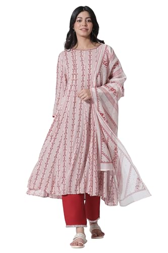 W for Woman White & Red Printed Flared Kurta, Cotton Pants with Dupatta Set_24ONWS10608-123012_XL