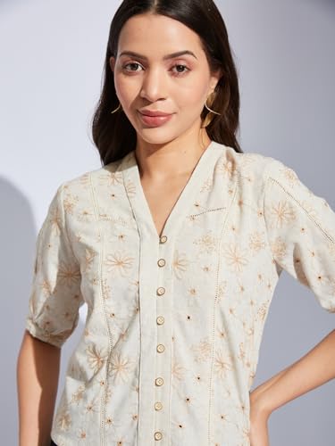 Latin Quarters Women Beige V-Neck Half Sleeves Printed Shirt Blouse for Casual Wear_M