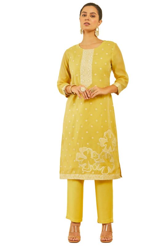 Soch Womens Yellow Chanderi Woven Design Suit Set