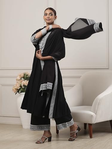 Biba Women Black Viscose Rayon Gathered Suit Set_32