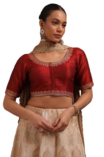 Soch Womens Maroon Tussar Solid Padded Blouse with Sequins