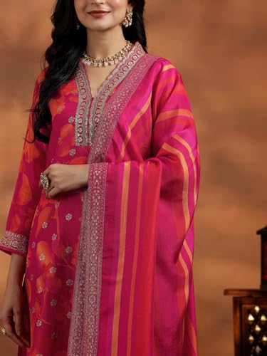 Libas Womens Printed Silk Blend Straight Kurta With Trousers and Dupatta