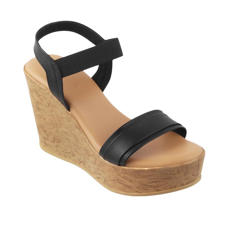 tresmode Pagiri Women’s Black Wedge Sandals | Vegan Leather | TPR Sole in Size 2 UK / 35 EU