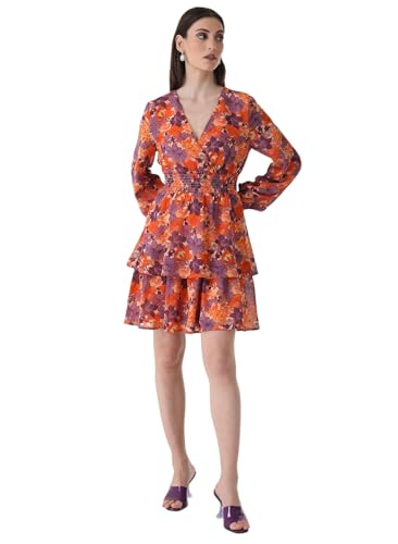 Kazo Solid V Neck Poly Blend Women's Mini Dress (Peach, Small)