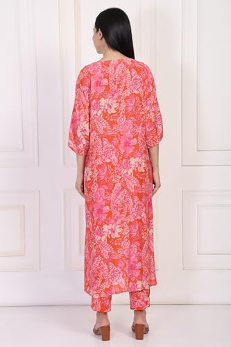 W for Woman Orange Floral Printed Kaftan Modal Kurta with Pant (WS13911-127597-L)