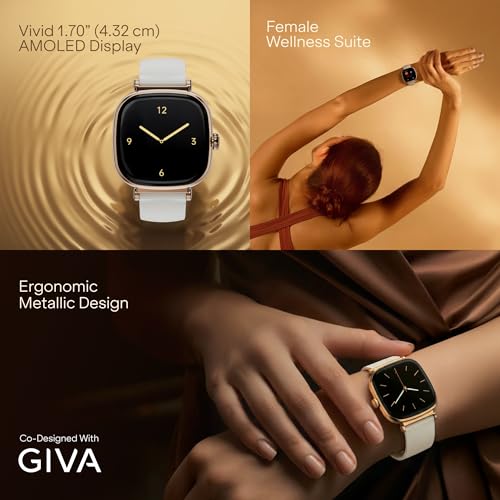 boAt Chrome Ivory Smart Watch for Women, co-Designed with GIVA, 1.7" AMOLED Display, 1000 nits Brightness, Premium Metallic Build, Female Wellness Tracker smartwatch for Women (Pearl Glow)