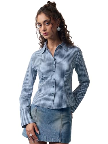 The Souled Store Minions: Bunny Women and Girls Full Sleeves Spread Collar Light Blue and Green Checks Cotton Slim Fit Cropped Lightweight Summer Ready Casual Shirt