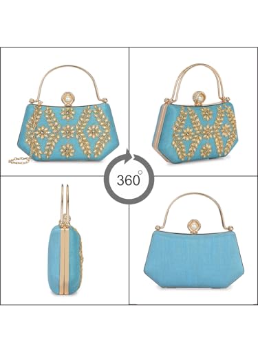TOOBA Women's Light Blue Handicraft Beautiful Bling Box Clutch Bag for Wedding, Banquet, Gift Family, & Friends