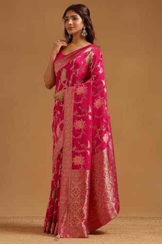 Soch Womens Fuchsia Crepe Botanical Zari Woven Saree