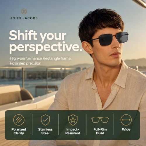 John Jacobs | Black - Grey | Full Rim Rectangular Stylish & Premium Polarized Sunglasses | Polarized and 100% UV Protected | Men & Women | Large | JJ S15862