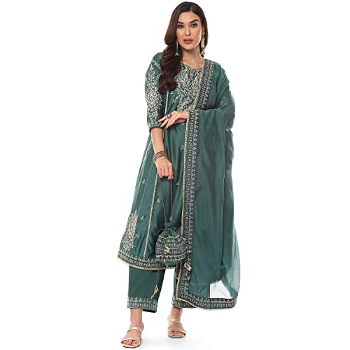BIBA WOMEN EMBROIDERY STRAIGHT SALWAR KURTA DUPATTA(SKDKINARI7810_DARK GREEN_32)