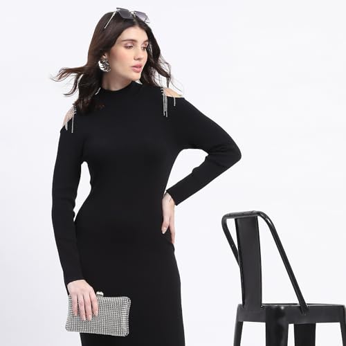 Madame Rhinestone Embellished Cold Shoulder Black Midi Dress