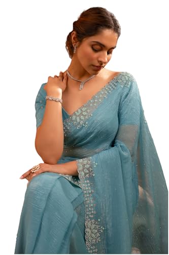 Soch Womens Powder Blue Organza Saree With Stone Work