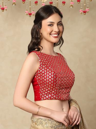SALWAR STUDIO Red Velvet Sleeveless Readymade Saree Blouse