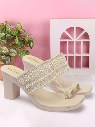 AROOM, Women's One Toe Block Heels Sandals Comfortable & Stylish Sandals for Women & Girls (Cream, UK Footwear Size System, Adult, Women, Numeric, Narrow, 8)