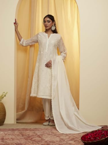 BIBA Cotton Silk Solid A-Line Festive Kurta With Palazzo And Dupatta