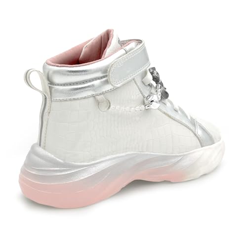 KazarMax Hopits Rise High-Top Sneakers for Kids Girls White with Silver Accents Removable Charms -11 Kids UK