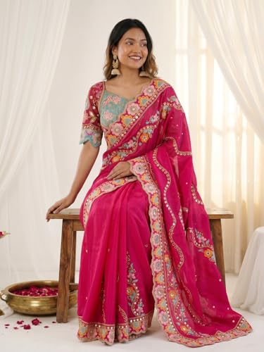 Bhagyavati Designer Soft Rangoli Silk Saree for Women with Mirror & Sequins Embroidery, Cutwork Border & Stitched Blouse (RaniPink)