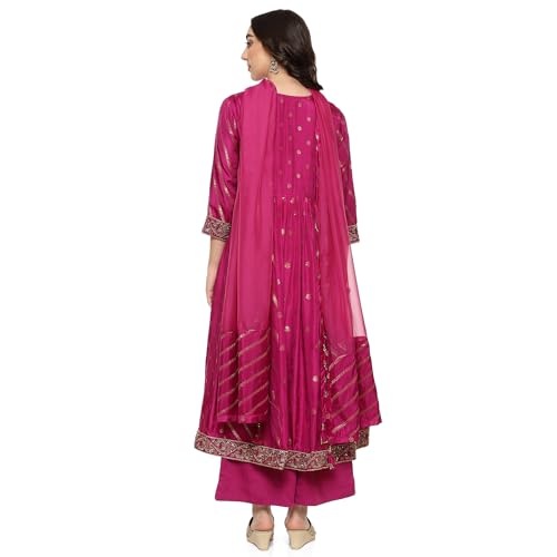 BIBA WOMEN YARNDYED ANARKALI SALWAR KURTA DUPATTA(SKDTHE GOLD8966_MEGANTA_34)