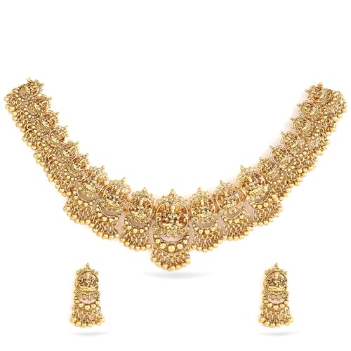 Rubans 24K Gold-Plated Handcrafted Antique Artificial Temple Jewelry Set-Lakshmi Motif And Matching Earrings For Women and Girls – Perfect for Weddings and Special Occasions