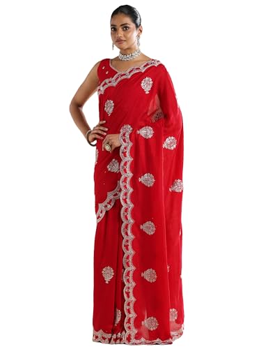 AKHILAM Women's Red Vichitra Silk Ethnic Motif Embellished Saree With Unstitched Blouse Piece (ANIKA2402_AG)