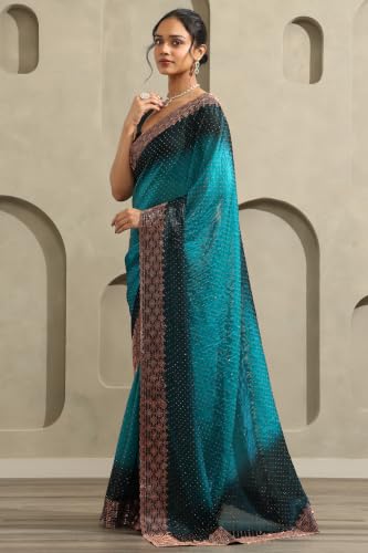 Soch Womens Turquoise Blue Fendy Organza Ombre Stone Embellished Saree
