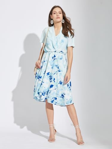 Latin Quarters Women Blue V-Neck Half Sleeves Tie Dye Knee Length A-Line Dress for Casual Wear_M