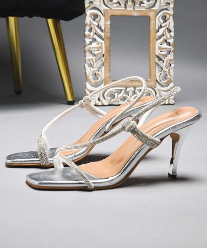 JM LOOKS Women’s Strappy Stiletto-Heeled Sandals with Slim, Embellished Criss-Cross Straps and a Square Toe for Parties, Evening Events, or Special Occasion - Silver