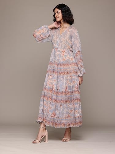 Label RITU KUMAR V Neck Full Sleeves Printed Long Dress Blue