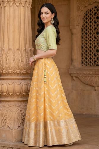 Aurelia Women's Pista Green and Yellow Embroidered Jacquard Blouse with Lehenga and Dupatta Set - (AD10759-706231-M)