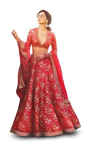 Zeel Clothing Women's Art Silk Semi Stitched Lehenga Choli with Dupatta (7028-Red-New-Wedding-Bridal-Lehenga;Free Size)
