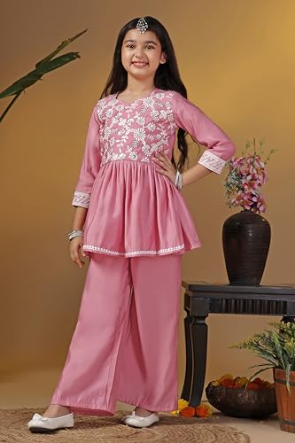 Fashion Dream Girl's Silk Blend Printed Salwar Suit Set|Ethnic Set (FDGSET00230 LPN 32_Lightpink_9-10 Years)
