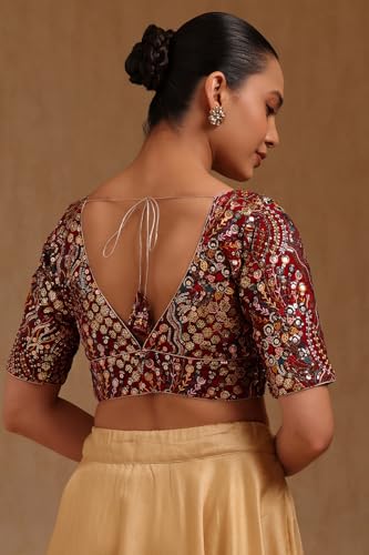 Soch Womens Maroon Georgette Embroidered Padded Blouse with Sequins