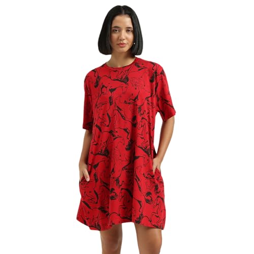 United Colors of Benetton Round Neck Animal Print Dress - (Size:S) - 26P3SOCPT735I902 Red
