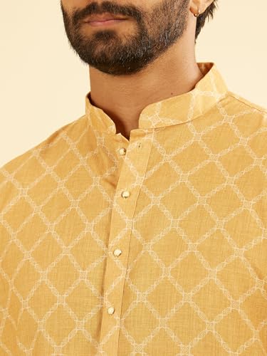 Manyavar Men's Cotton Blend Printed Mid Length Kurta(Mustard,L)