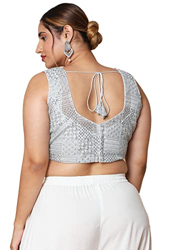 S SALWAR STUDIO Women's Silver Silk Blend Readymade Saree Blouse-PLSSB00044-SLVR