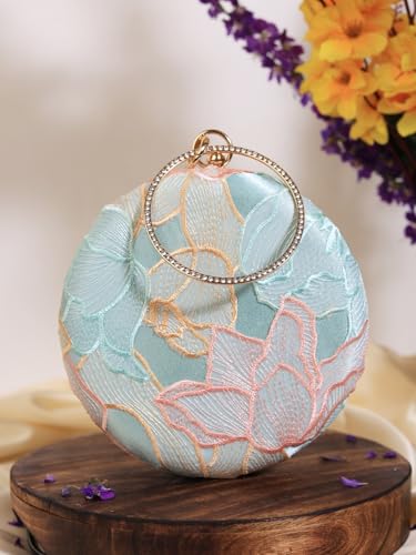 THE TAN CLAN Women Blue Floral Embroidered Clutch Purse Stylish Bridal Handbag Round Designer Clutch Bag For Women Wedding Party Ethnic Fancy Purse With Chain And Metal Handle