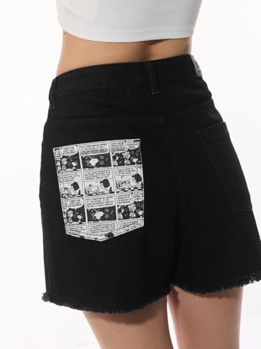 The Souled Store Peanuts: Comics Women and Girls Black Graphic Printed Cotton Regular Fit High Rise Frayed Hem All-Season Lightweight Everyday Streetwear Casual Denim Shorts