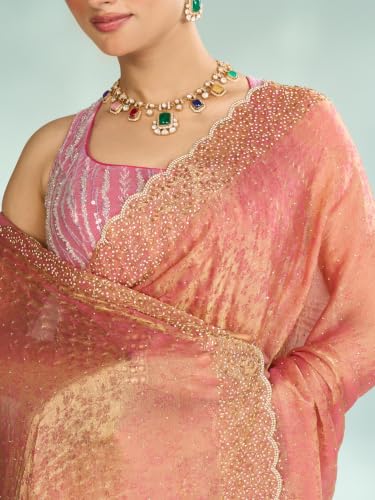 MOHEY Women's Organza Cutdana Work, Stone Work & Woven Saree with Blouse Piece (Pink)